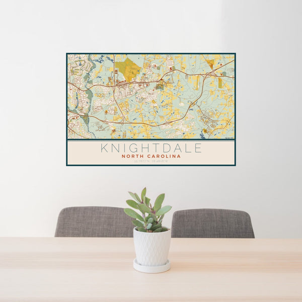 24x36 Knightdale North Carolina Map Print Lanscape Orientation in Woodblock Style Behind 2 Chairs Table and Potted Plant