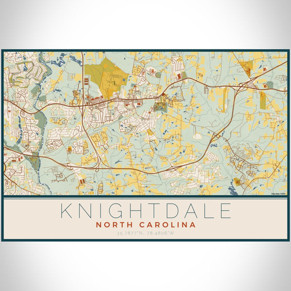 Knightdale North Carolina Map Print Landscape Orientation in Woodblock Style With Shaded Background