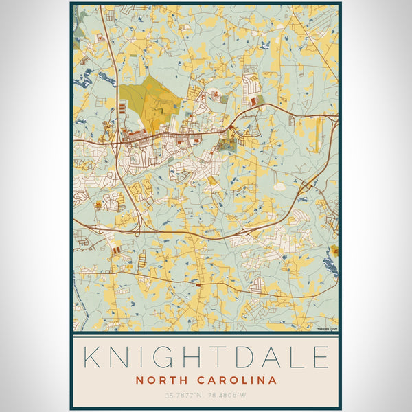 Knightdale North Carolina Map Print Portrait Orientation in Woodblock Style With Shaded Background