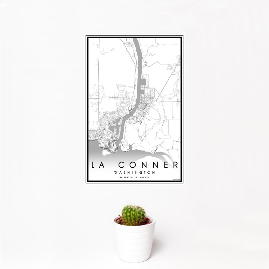 12x18 La Conner Washington Map Print Portrait Orientation in Classic Style With Small Cactus Plant in White Planter