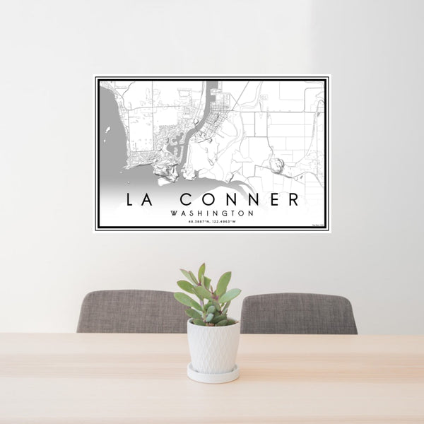 24x36 La Conner Washington Map Print Lanscape Orientation in Classic Style Behind 2 Chairs Table and Potted Plant