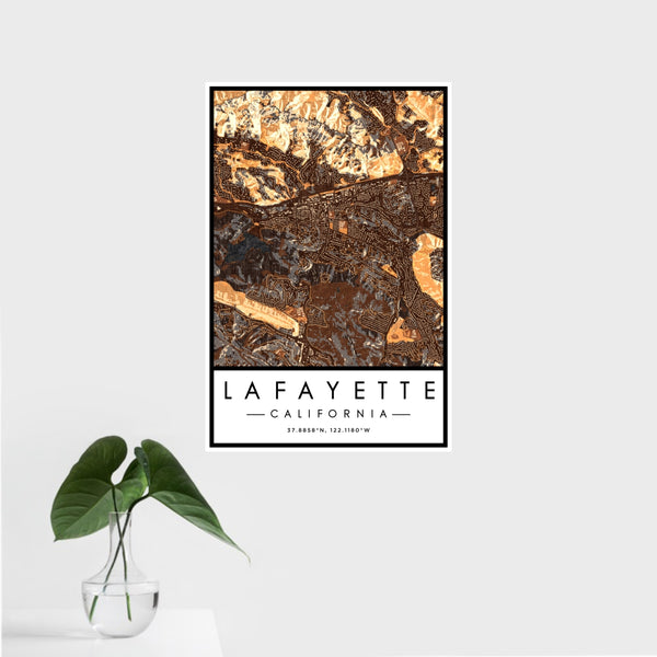 16x24 Lafayette California Map Print Portrait Orientation in Ember Style With Tropical Plant Leaves in Water