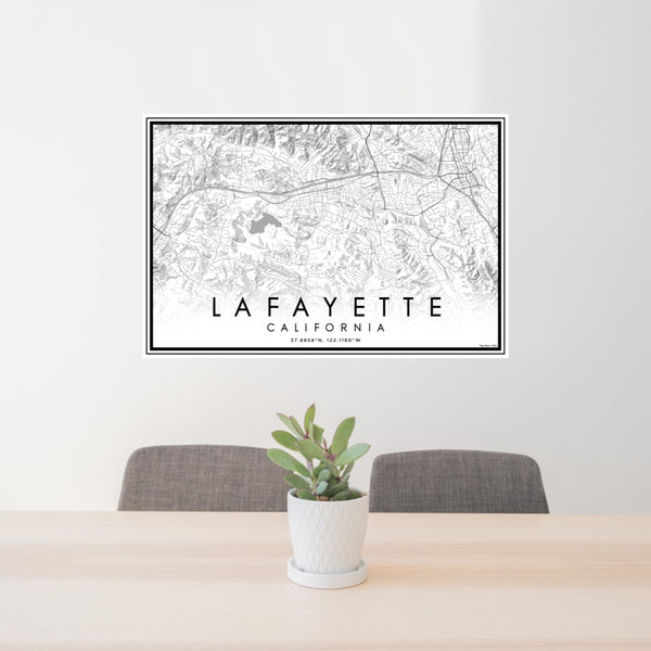 24x36 Lafayette California Map Print Lanscape Orientation in Classic Style Behind 2 Chairs Table and Potted Plant