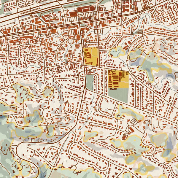 Lafayette California Map Print in Woodblock Style Zoomed In Close Up Showing Details