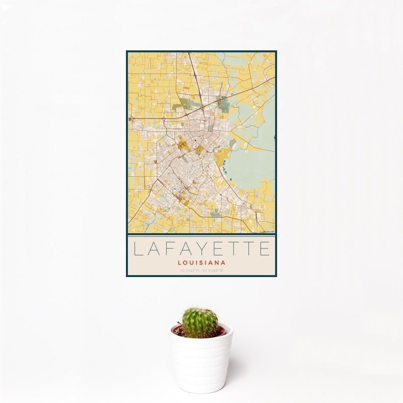 Lafayette - Louisiana Map Print in Woodblock
