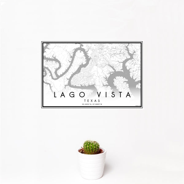 12x18 Lago Vista Texas Map Print Landscape Orientation in Classic Style With Small Cactus Plant in White Planter