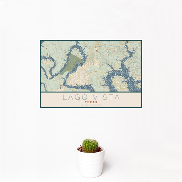 12x18 Lago Vista Texas Map Print Landscape Orientation in Woodblock Style With Small Cactus Plant in White Planter