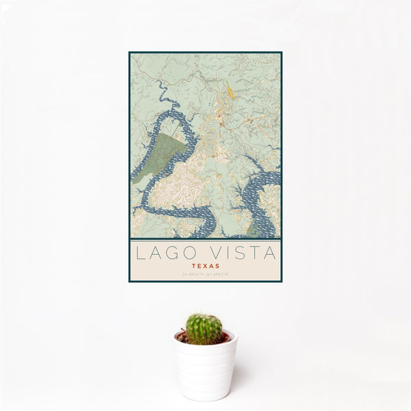 12x18 Lago Vista Texas Map Print Portrait Orientation in Woodblock Style With Small Cactus Plant in White Planter