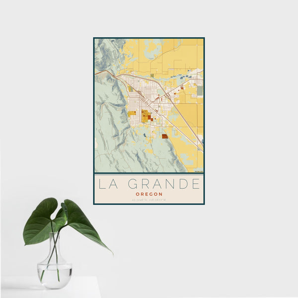 16x24 La Grande Oregon Map Print Portrait Orientation in Woodblock Style With Tropical Plant Leaves in Water