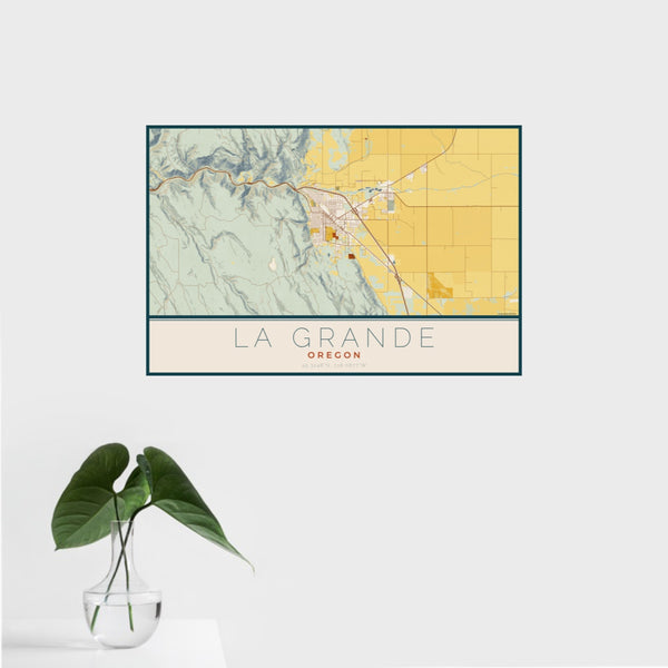 16x24 La Grande Oregon Map Print Landscape Orientation in Woodblock Style With Tropical Plant Leaves in Water