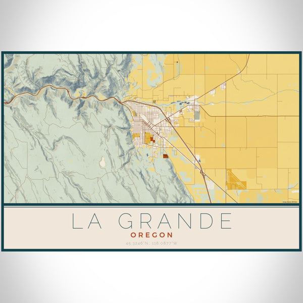 La Grande Oregon Map Print Landscape Orientation in Woodblock Style With Shaded Background