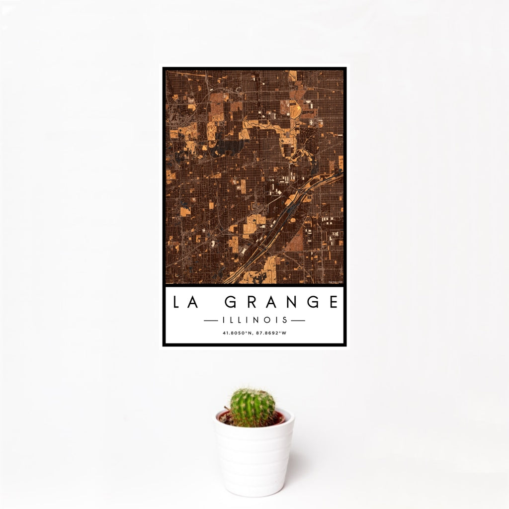 12x18 La Grange Illinois Map Print Portrait Orientation in Ember Style With Small Cactus Plant in White Planter