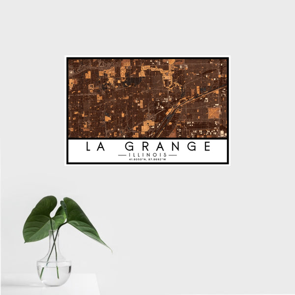 16x24 La Grange Illinois Map Print Landscape Orientation in Ember Style With Tropical Plant Leaves in Water