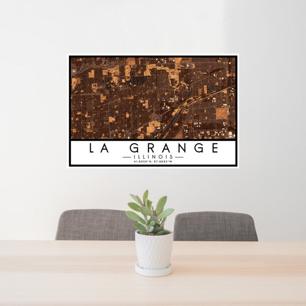24x36 La Grange Illinois Map Print Lanscape Orientation in Ember Style Behind 2 Chairs Table and Potted Plant
