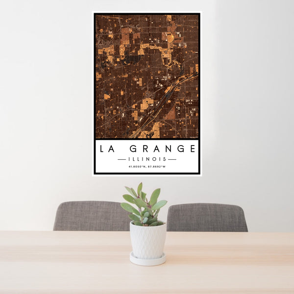 24x36 La Grange Illinois Map Print Portrait Orientation in Ember Style Behind 2 Chairs Table and Potted Plant
