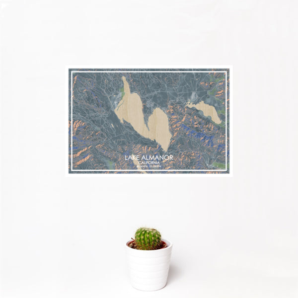 12x18 Lake Almanor California Map Print Landscape Orientation in Afternoon Style With Small Cactus Plant in White Planter