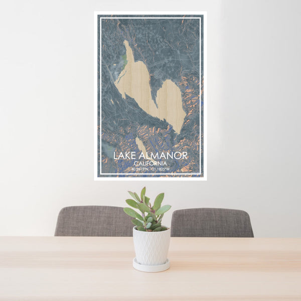24x36 Lake Almanor California Map Print Portrait Orientation in Afternoon Style Behind 2 Chairs Table and Potted Plant