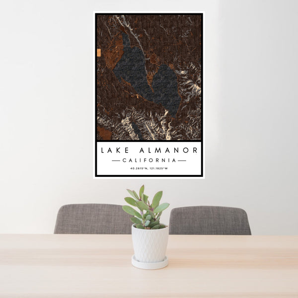 24x36 Lake Almanor California Map Print Portrait Orientation in Ember Style Behind 2 Chairs Table and Potted Plant