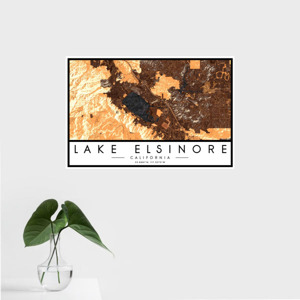 16x24 Lake Elsinore California Map Print Landscape Orientation in Ember Style With Tropical Plant Leaves in Water