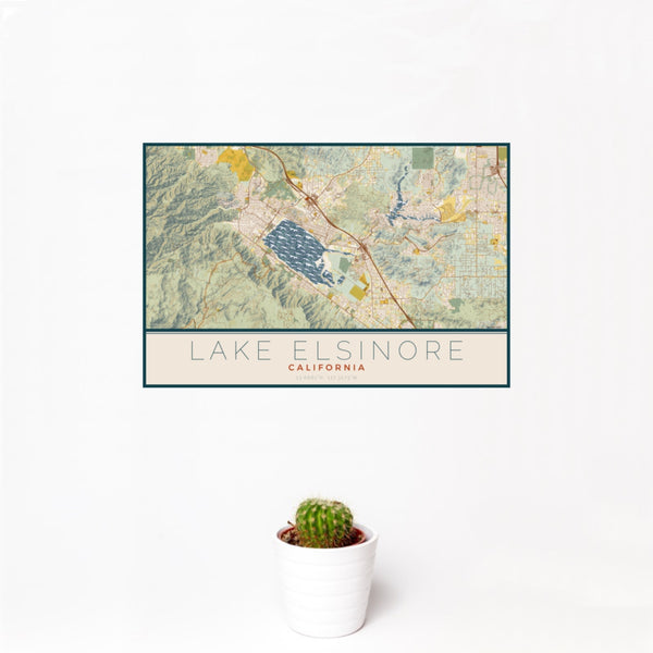 12x18 Lake Elsinore California Map Print Landscape Orientation in Woodblock Style With Small Cactus Plant in White Planter