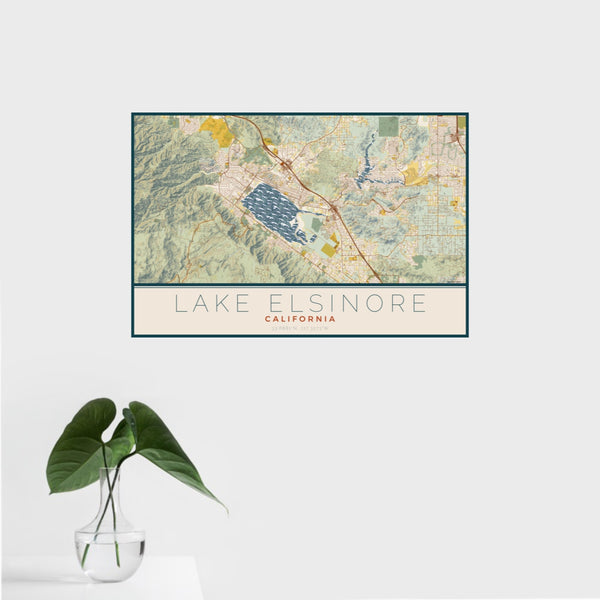 16x24 Lake Elsinore California Map Print Landscape Orientation in Woodblock Style With Tropical Plant Leaves in Water