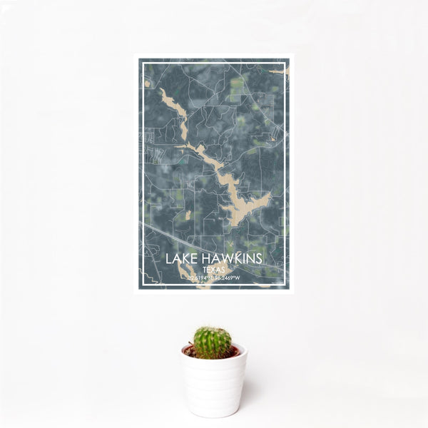 12x18 Lake Hawkins Texas Map Print Portrait Orientation in Afternoon Style With Small Cactus Plant in White Planter