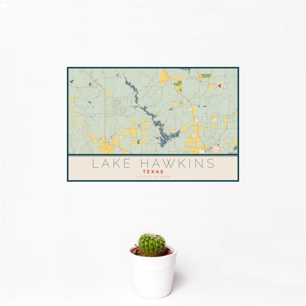 12x18 Lake Hawkins Texas Map Print Landscape Orientation in Woodblock Style With Small Cactus Plant in White Planter