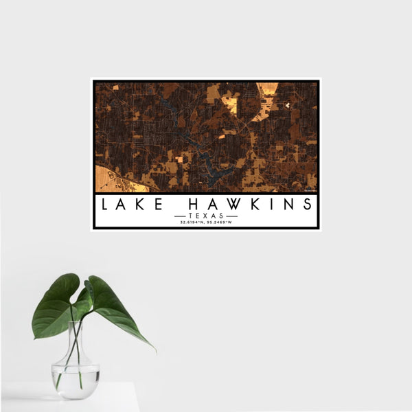16x24 Lake Hawkins Texas Map Print Landscape Orientation in Ember Style With Tropical Plant Leaves in Water