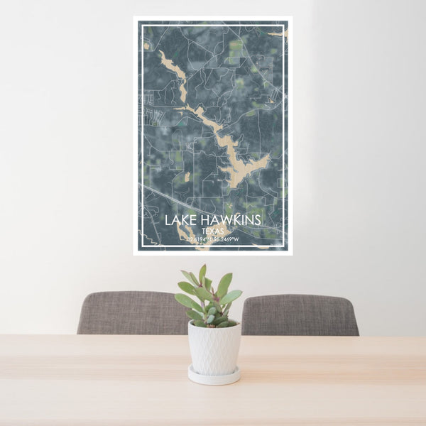 24x36 Lake Hawkins Texas Map Print Portrait Orientation in Afternoon Style Behind 2 Chairs Table and Potted Plant