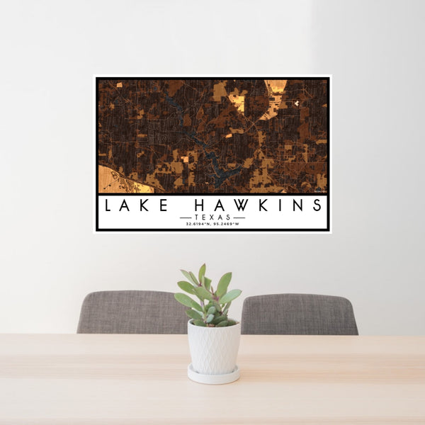 24x36 Lake Hawkins Texas Map Print Lanscape Orientation in Ember Style Behind 2 Chairs Table and Potted Plant