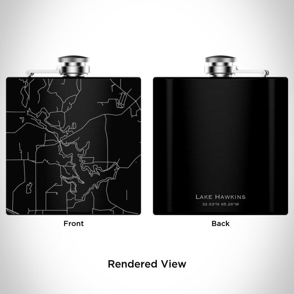 Rendered View of Lake Hawkins Texas Map Engraving on 6oz Stainless Steel Flask in Black