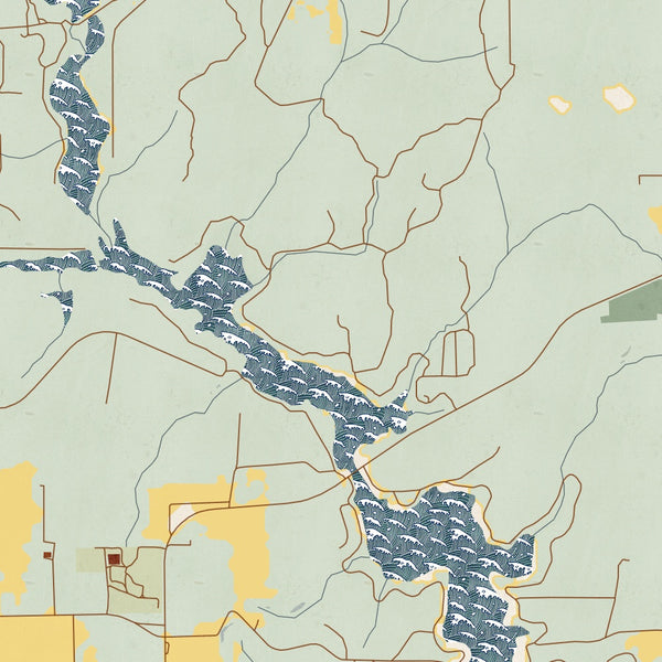 Lake Hawkins Texas Map Print in Woodblock Style Zoomed In Close Up Showing Details