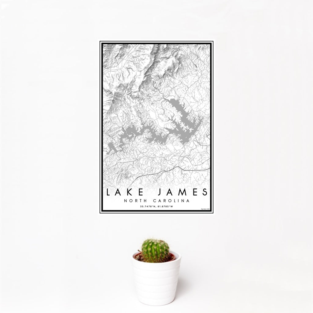 12x18 Lake James North Carolina Map Print Portrait Orientation in Classic Style With Small Cactus Plant in White Planter