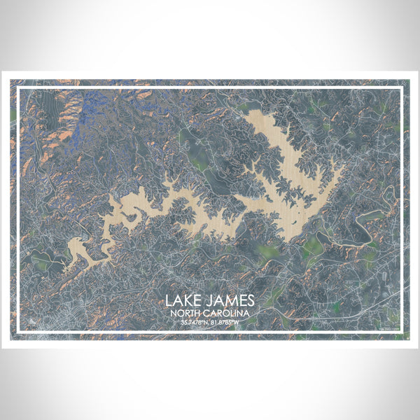 Lake James North Carolina Map Print Landscape Orientation in Afternoon Style With Shaded Background