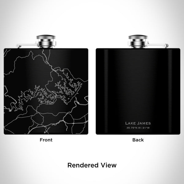 Rendered View of Lake James North Carolina Map Engraving on 6oz Stainless Steel Flask in Black