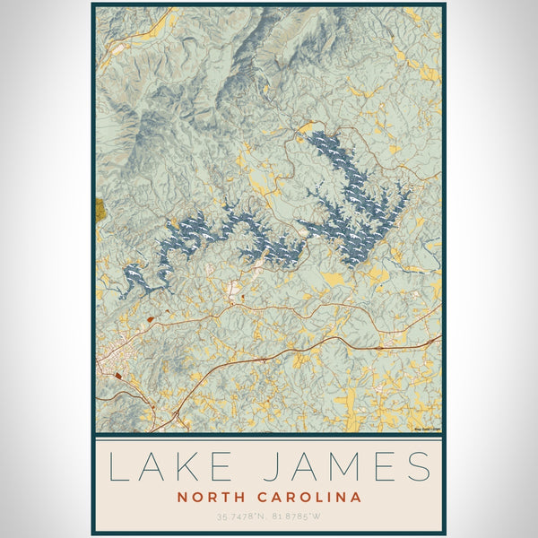 Lake James North Carolina Map Print Portrait Orientation in Woodblock Style With Shaded Background
