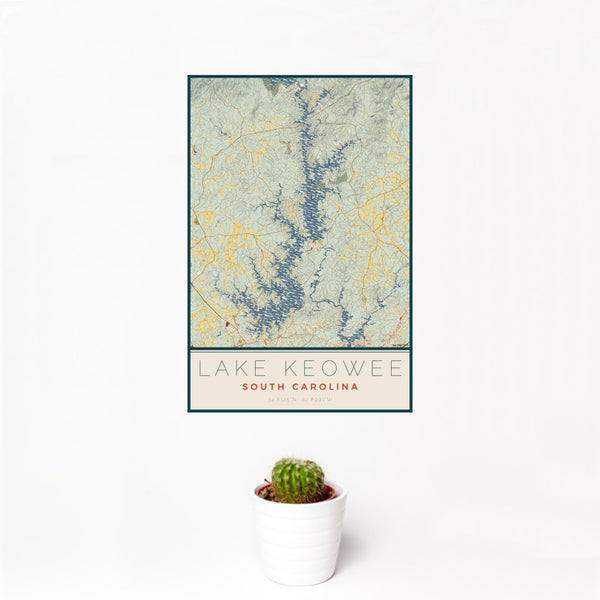 12x18 Lake Keowee South Carolina Map Print Portrait Orientation in Woodblock Style With Small Cactus Plant in White Planter