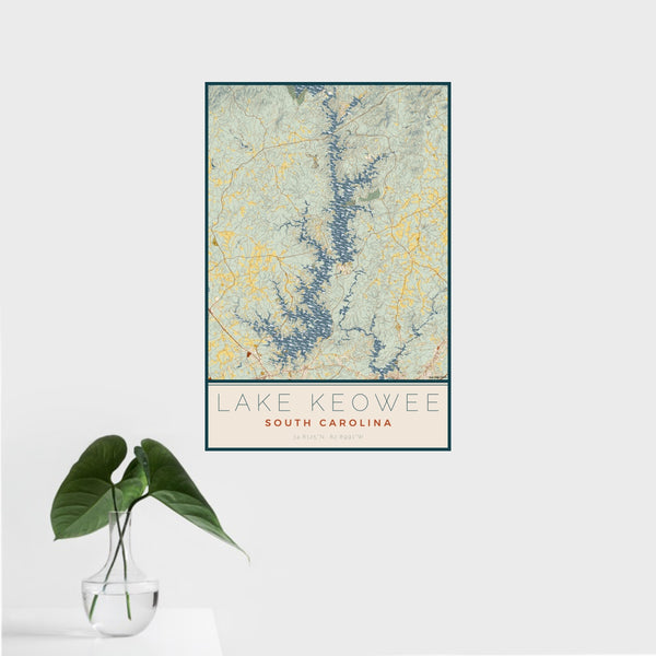 16x24 Lake Keowee South Carolina Map Print Portrait Orientation in Woodblock Style With Tropical Plant Leaves in Water