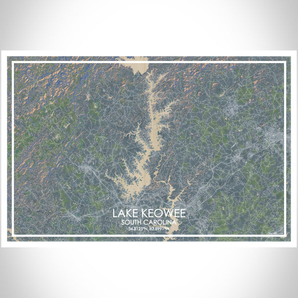 Lake Keowee South Carolina Map Print Landscape Orientation in Afternoon Style With Shaded Background