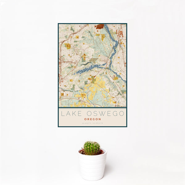 12x18 Lake Oswego Oregon Map Print Portrait Orientation in Woodblock Style With Small Cactus Plant in White Planter