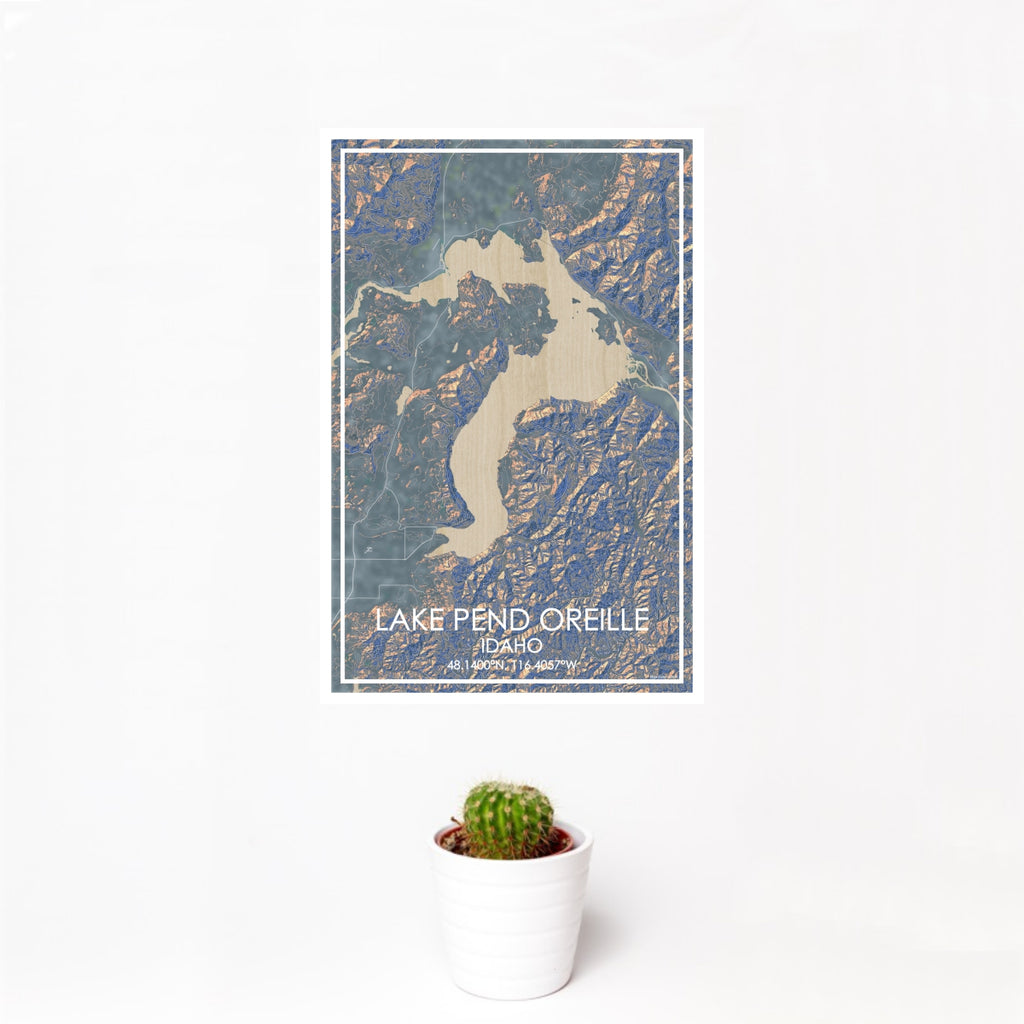 12x18 Lake Pend Oreille Idaho Map Print Portrait Orientation in Afternoon Style With Small Cactus Plant in White Planter