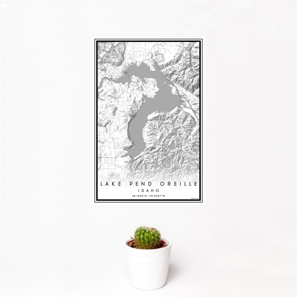 12x18 Lake Pend Oreille Idaho Map Print Portrait Orientation in Classic Style With Small Cactus Plant in White Planter