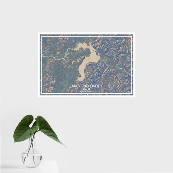 16x24 Lake Pend Oreille Idaho Map Print Landscape Orientation in Afternoon Style With Tropical Plant Leaves in Water