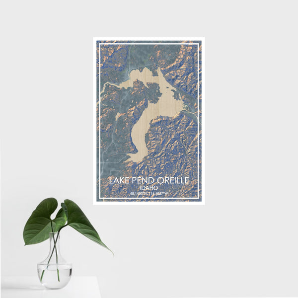 16x24 Lake Pend Oreille Idaho Map Print Portrait Orientation in Afternoon Style With Tropical Plant Leaves in Water