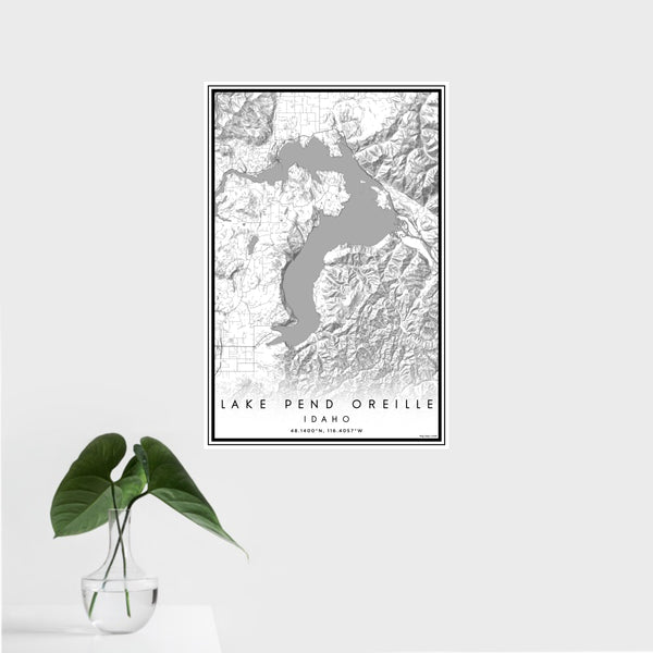 16x24 Lake Pend Oreille Idaho Map Print Portrait Orientation in Classic Style With Tropical Plant Leaves in Water