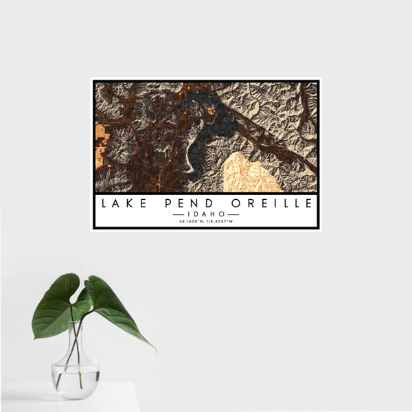 16x24 Lake Pend Oreille Idaho Map Print Landscape Orientation in Ember Style With Tropical Plant Leaves in Water