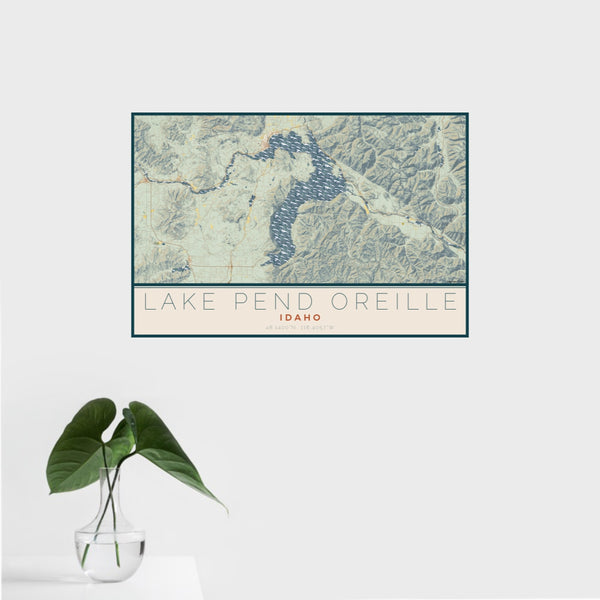 16x24 Lake Pend Oreille Idaho Map Print Landscape Orientation in Woodblock Style With Tropical Plant Leaves in Water