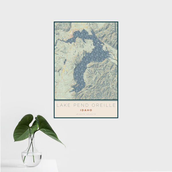 16x24 Lake Pend Oreille Idaho Map Print Portrait Orientation in Woodblock Style With Tropical Plant Leaves in Water