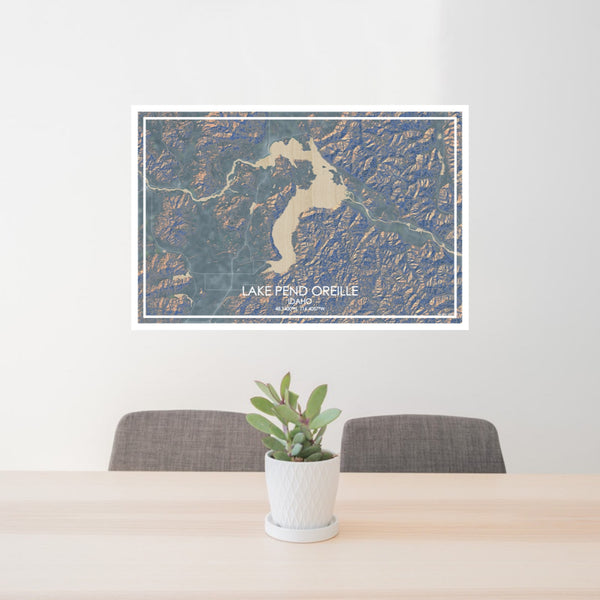 24x36 Lake Pend Oreille Idaho Map Print Lanscape Orientation in Afternoon Style Behind 2 Chairs Table and Potted Plant