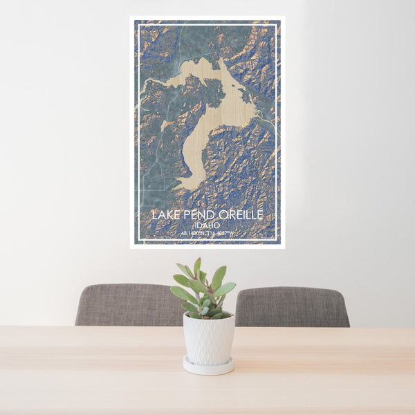 24x36 Lake Pend Oreille Idaho Map Print Portrait Orientation in Afternoon Style Behind 2 Chairs Table and Potted Plant